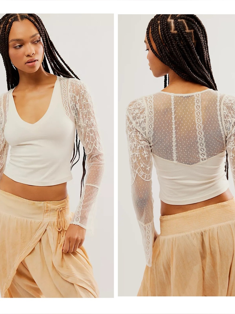 Sheer Lace Sleeve V-Neck Blouse in White